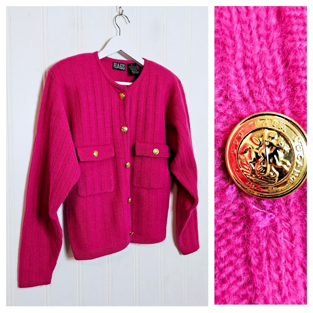 Vintage RAGS Fuchsia Pink Wool Angora Cardigan Sweater S Gold Crest Buttons